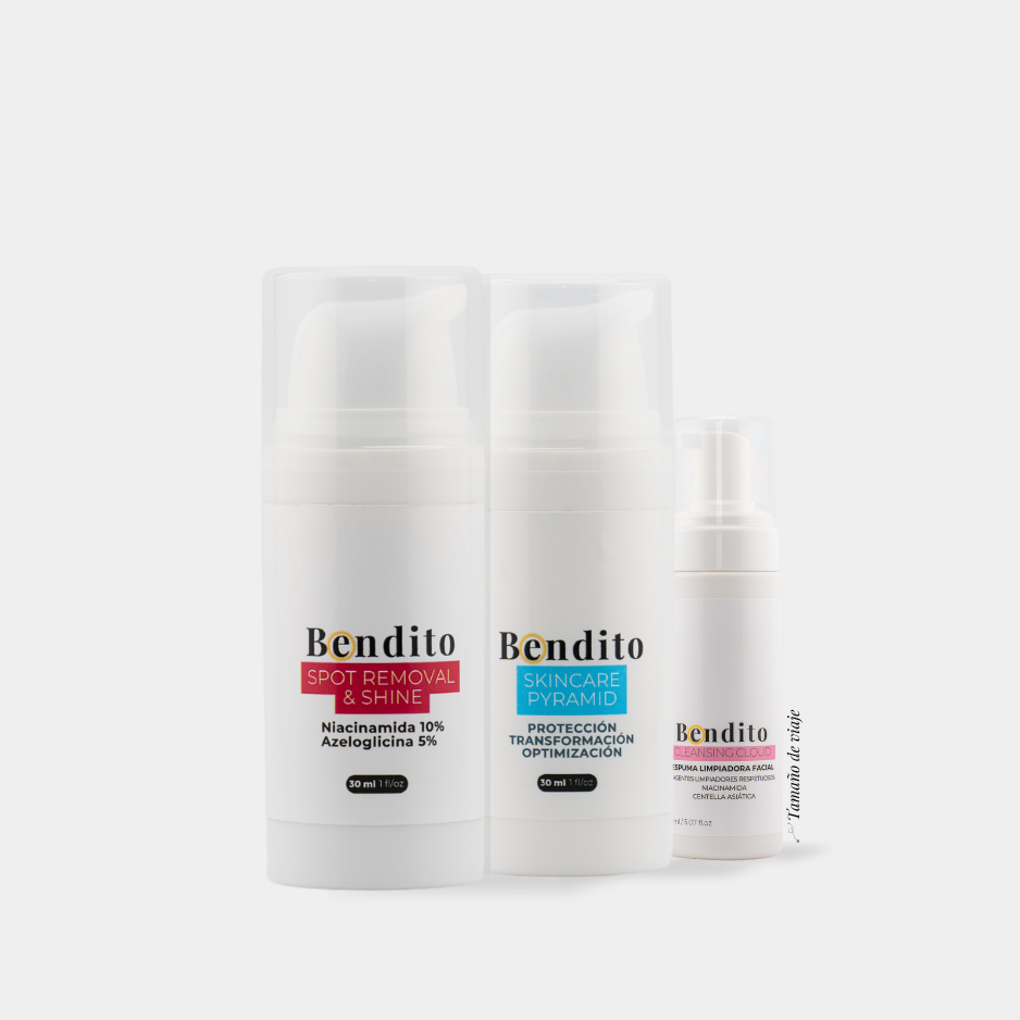 Bendita Rutina más luz, menos manchas: Spot Removal & Shine + Skincare Pyramid + Bendito Cleansing Cloud tamaño de viaje de regalo