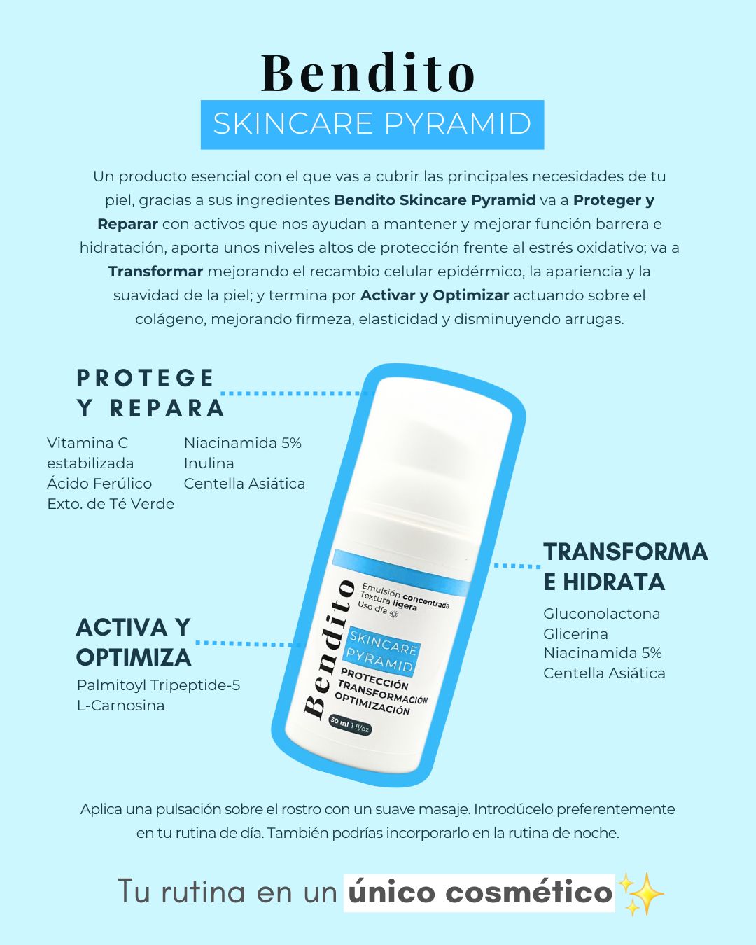 Bendito Skincare Pyramid. Emulsión concentrada ligera Todo en Uno que protege, repara y rejuvenece