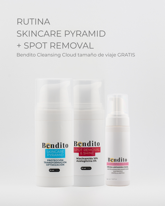Bendita Rutina más luz, menos manchas: Spot Removal & Shine + Skincare Pyramid + Bendito Cleansing Cloud tamaño de viaje de regalo